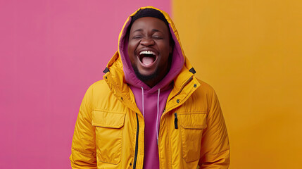 A man in a yellow jacket is smiling and laughing