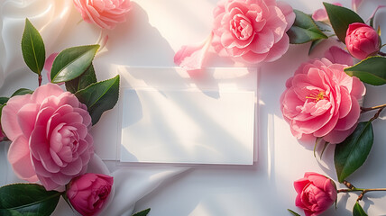 A simple white card held liy against a backdrop of delicate pink roses. Ideal for crafting beautiful invitations or greeting cards.