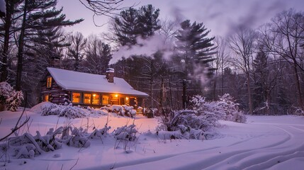 Naklejka premium Cozy log cabin surrounded by snow-covered trees at twilight with smoke rising from the chimney