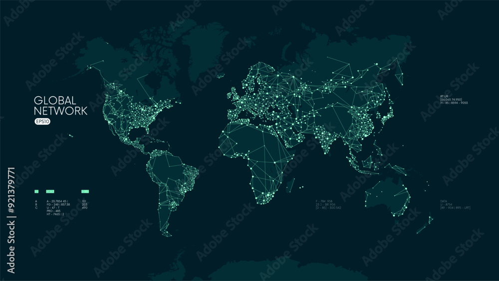 Wall mural global social network connection, futuristic abstract of world communication map internet and techno