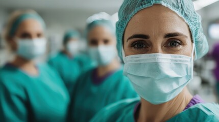 A group of surgeons, wearing masks and scrubs, looks focused as they prepare for a medical procedure in a well-lit, sterile hospital environment with a strong atmosphere of professionalism.