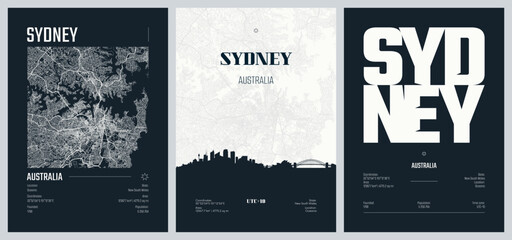 Fototapeta premium Set of travel posters with Sydney, detailed urban street plan city map, Silhouette city skyline, vector artwork, set 2