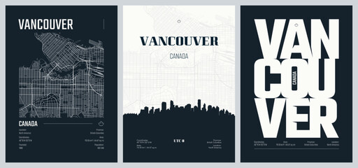 Set of travel posters with Vancouver, detailed urban street plan city map, Silhouette city skyline, vector artwork, set 2