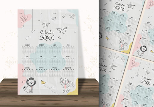 Pastel Minimal Cute Animal Illustrated Calendar Template