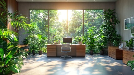 Fototapeta premium Contemporary office with abundant indoor plants, natural light, and eco-conscious design picture