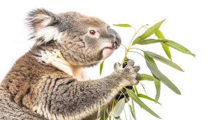 Fototapeta premium Koala eating eucalyptus leaves in a natural setting during daylight hours