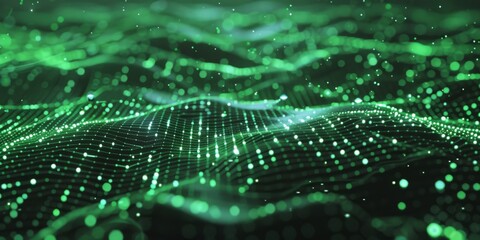 A dynamic abstract green digital waveform featuring glowing particles and grid patterns, creating a futuristic and immersive effect