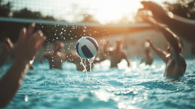 A dynamic water polo game unfolds in a swimming pool at sunset, capturing the energy and excitement of the sport as players compete amidst splashes of water and the warm glow.