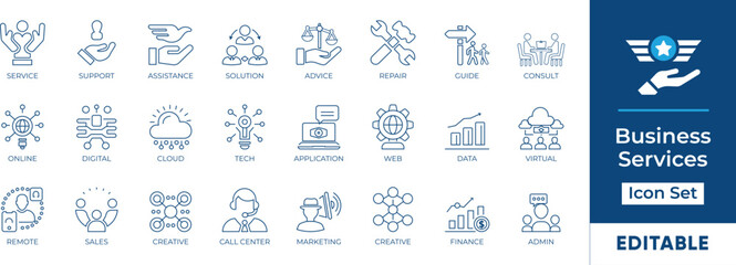 Business Services line icon set. Features enterprise, global, improvement, legal, management, marketing, medium, and solution. Perfect for web design, presentations, and mobile apps.