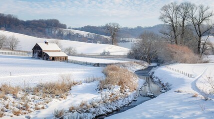 Winter landscape with a rustic barn alongside a river in a snowy countryside