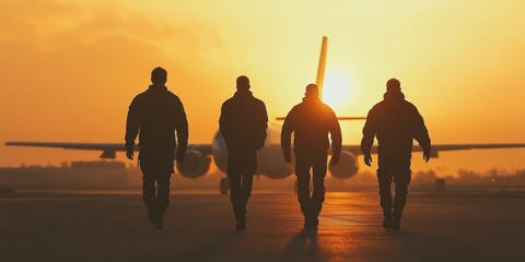 Silhouettes of four men walking towards an airplane at sunset 