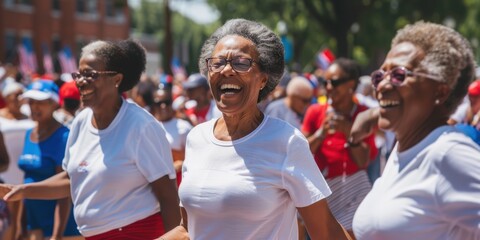 Fototapeta premium 3 middle aged black women standing side by side at an outdoor sports event