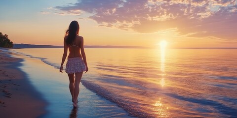 Beautiful young woman waring a short skirt walking at the beach at sunset