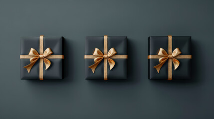 Obraz premium Elegant illustration captures the joy of Christmas with a beautifully wrapped black gift boxes with gold ribbon.