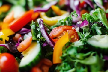 Delicious closeup of mixed salad with tomato, cucumber and onions