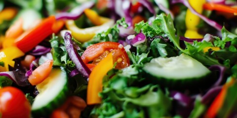 Delicious closeup of mixed salad with tomato, cucumber and onions