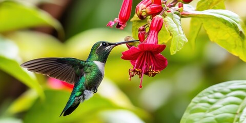 A hummingbird feeding through a fuchsia flower