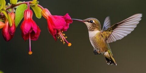 A hummingbird feeding through a fuchsia flower