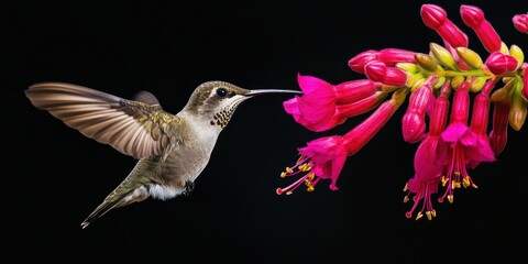 A hummingbird feeding through a fuchsia flower