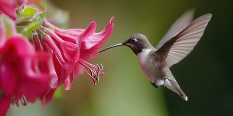 A hummingbird feeding through a fuchsia flower
