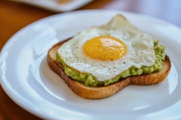 Toast with guacamole and fried egg on a plate