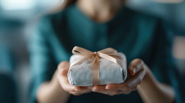A close-up of hands presenting a small, neatly wrapped gift with a ribbon. The gesture conveys ideas of giving, celebration, and warmth, highlighting personal connection and generosity.