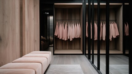 A luxurious closet features wooden panels and soft pink velvet benches with pink jackets displayed on racks, highlighted by large mirror walls and a modern aesthetic.
