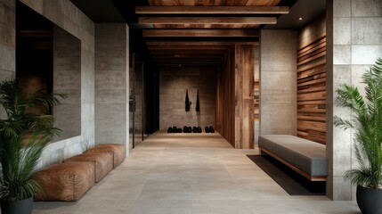 A modern lounge area with a combination of wooden ceilings and plush leather seats, stone walls, plants, and a mirrored wall, creating a warm and inviting interior.