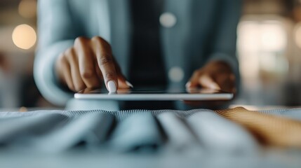 A close-up of a person using a tablet device while fabric samples are laid out on a table. The image focuses on the finger interacting with the tablet screen.