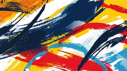 Fototapeta premium Abstract art featuring bold brush strokes in red, yellow, blue, and black on a textured background