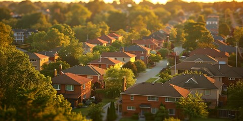 A suburban neighborhood with houses and trees. The houses are mostly brown and the trees are green. The sun is setting, casting a warm glow over the scene