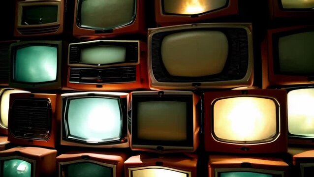 Close-Up Dolly Shot of Retro Television Sets Stacked in a Row