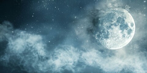 Obraz premium A large blue moon is shining in the sky above a cloudy backdrop. The moon is surrounded by a multitude of stars, creating a serene and peaceful atmosphere