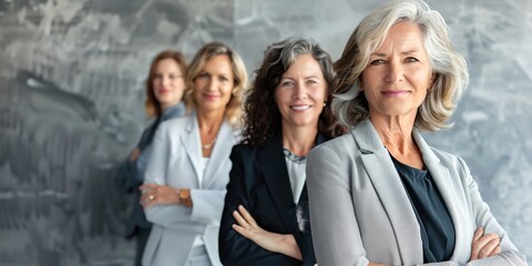 Obraz premium Four women in suits are posing for a photo. They are all smiling and looking at the camera. Scene is professional and confident