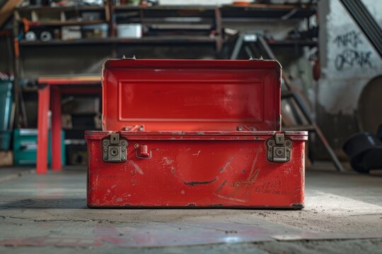 A vibrant, empty red toolbox is prominently displayed, open and ready for use, resting on a clean garage floor, evoking the anticipation of a busy workday ahead