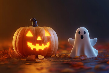 Halloween pumpkin and ghost in dark