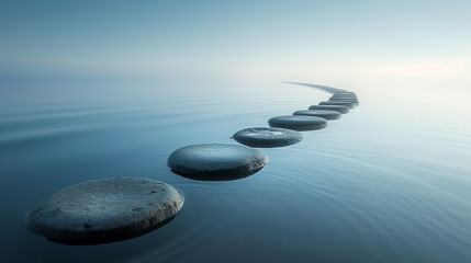 Stepping Stones in Calm Water. Smooth stepping stones leading into the distance over calm water, creating a peaceful and minimalistic landscape.