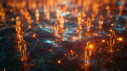 Interconnected digital figures representing a network, creating a futuristic and collaborative scene.