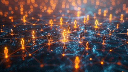 Interconnected digital figures representing a network, creating a futuristic and collaborative scene.