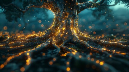 Tree with glowing roots interconnected with digital nodes, creating a blend of nature and technology.