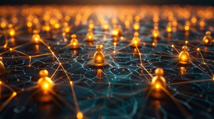 Interconnected digital figures representing a network, creating a futuristic and collaborative scene.