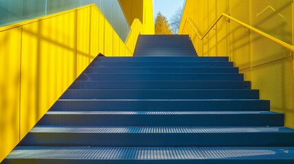 Fototapeta premium A dynamic and visually striking image of a spiral staircase painted in a vibrant yellow hue. The staircase winds its way up towards a large window, symbolizing growth, progress and the pursuit 