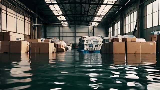 Flooded Warehouse with Cardboard Boxes Submerged in Water
