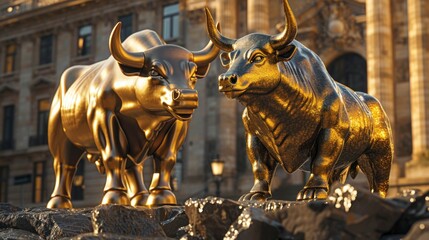 Golden bull and bear statues, symbolizing the financial market dynamics in an elegant setting.