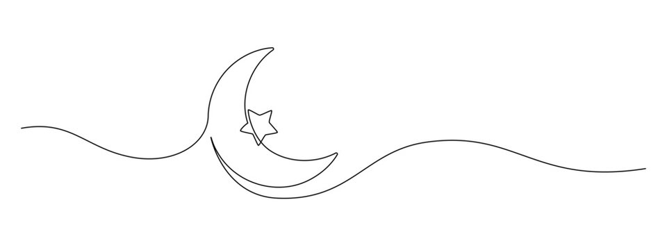 recommend clip art: One continuous line drawing of Moon with star. Ramadan Kareem banner in simple linear style. Sleep and night symbol with crescent in Editable stroke. Doodle contour vector illustration