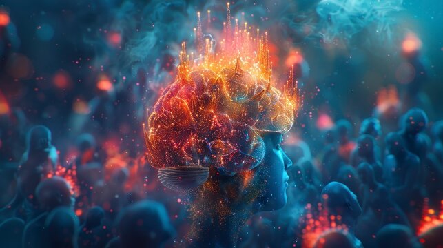 Colorful abstract brain with people, representing collective creativity and innovation.