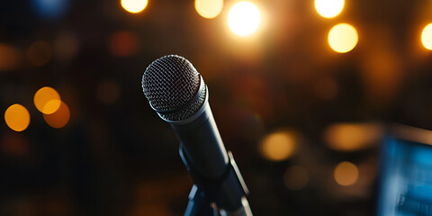 Microphone Close-Up with Blurred Bright Lights Background