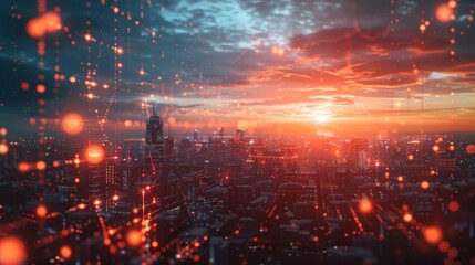 Fototapeta premium Futuristic cityscape with blockchain connections, symbolizing technological advancement and digital connectivity.