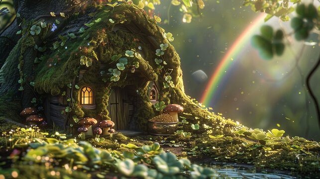 Fairy Cottage with Rainbow. A whimsical fairy cottage with a rainbow in the background, perfect for fantasy and fairy-tale themes.