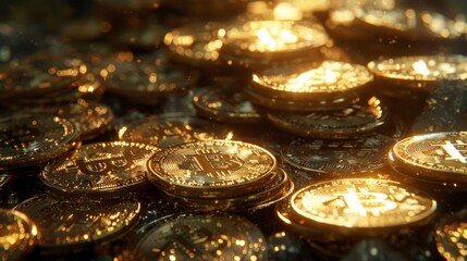 Pile of Bitcoin coins, symbolizing the accumulation of wealth through cryptocurrency.